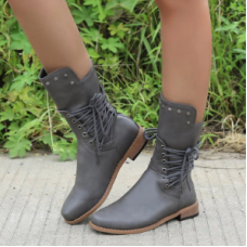 New Retro Women Western Boots Punk Lace Up Buckle Motorcycle Boots Zipper Mid Calf Boots Ladies Short Botas