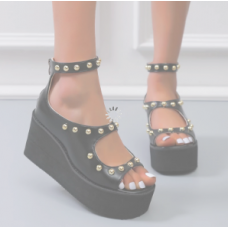 Summer Black Women's Gladiator Sandals Buckle Wedge Heels Fashion Metal Beads High Heels High Heels D signer Sandals